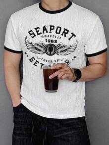 DAZY Summer Patchwork Contrast Collar Round Neck Letter Print Textured Fabric Slim Fit Men's T-Shirt Graphic Tee - White - View 4