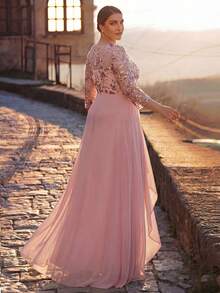 Aureia Plus Size Elegant Romantic Round Neck Sheer 3/4 Sleeve Waist Applique Ruffle Hem Luxurious Embroidered Patchwork Chiffon Suitable For Wedding Party Celebration Formal Dinner Bride Mother Dress - Champagne - View 2