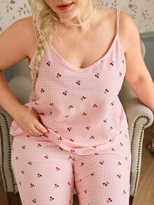 CottageSlumber Bubble Textured Plaid Cherry Print Plus Size Camisole & Pants Pajama Set - Pink - View 1