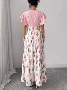 Vestido ajustado y acampanado con mangas de campana y patrón de hojas de color rojo burdeos elegante para mujer, primavera/verano - Multicolor 5 - Ver 2