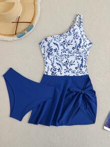 Swim Lushoire 女款新款拼色單肩分體式泳衣兩件套，海灘度假藍色花卉水藍色夏季熱帶歐式保守風 - 藍色 - 查看 3