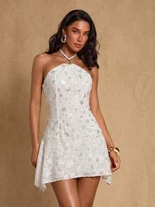 SHEIN Glamour 女款綠色紋理刺繡面料掛脖不對稱裙襬洋裝，綠色洋裝，性感度假約會情人節派對短洋裝 - 白色 - 查看 5