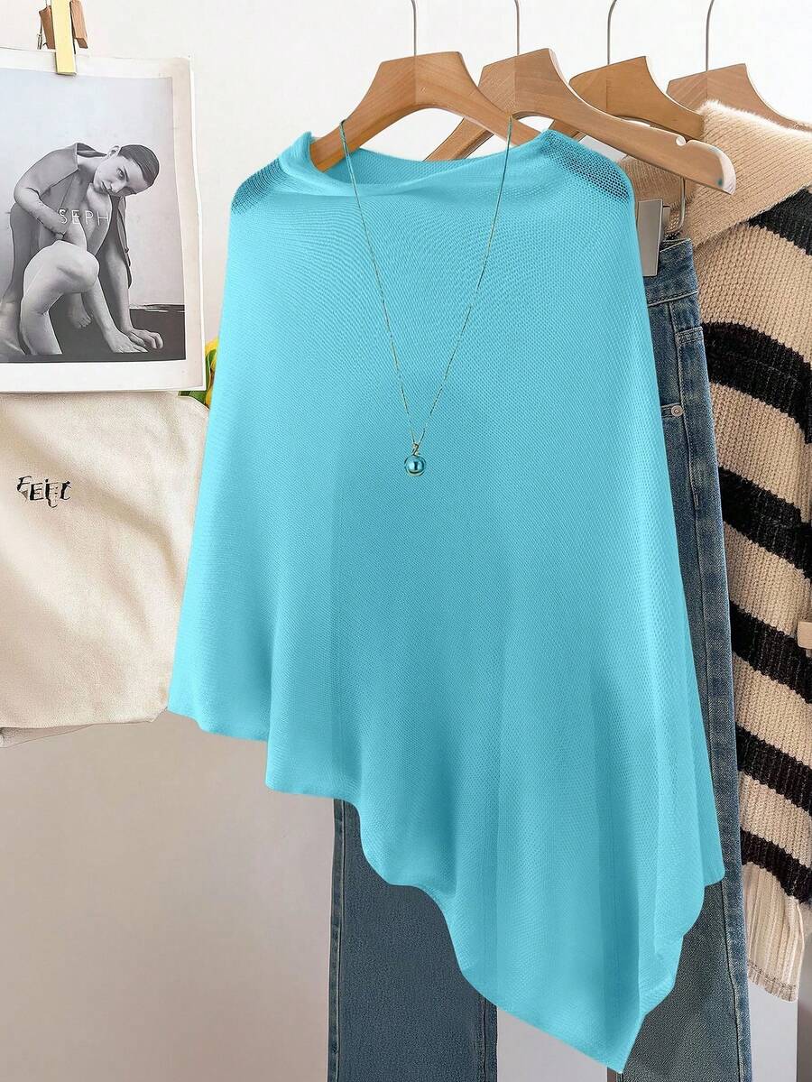 GlowEve CURVE Women's Casual Loose Vacation Style White Shawl Cape Sweater For Spring And Summer - Blue - View 1