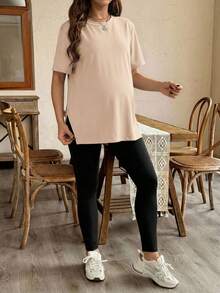 SHEIN Maternity Spring/Summer/Autumn Casual Daily Commute Short Sleeve Split Hem T-Shirt And Adjustable Waist Skinny Long Pants Set - Apricot - View 5