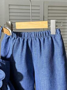 2pcs Young Girl Woven Solid Color 3D Floral Camisole And Long Pants Set - Blue - View 4