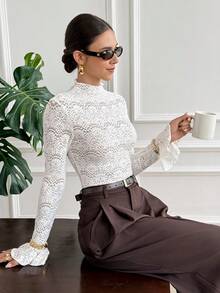 Serisse Camiseta de encaje elegante con cuello alto y mangas acampanadas para mujer - Albaricoque - Ver 8
