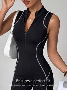 Dewbera Dewbera Women's Striped Zipper Half-Placket Slim Fit Flared Athletic Jumpsuit - Black - View 3