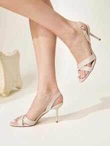 CUCCOO CHICEST Giày cao gót nữ mùa xuân/hè mới, quai chéo thanh lịch gợi cảm, mũi tròn, gót nhọn mảnh, thời trang màu champagne bạc sáng, sang trọng, sandal cao gót cho quý cô đi làm, du lịch, tiệc tùng, hẹn hò - Rượu sâm panh nhạt màu bạc - Xem 3