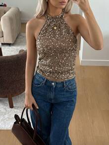 Lucivie Women's Elegant Coffee Brown Sequin Sparkly Halter Neck Top,Seksi Chic Backless Ruched Sleeveless Cami Blouse For Summer,Club Night,Party & Wedding - Brown - View 11