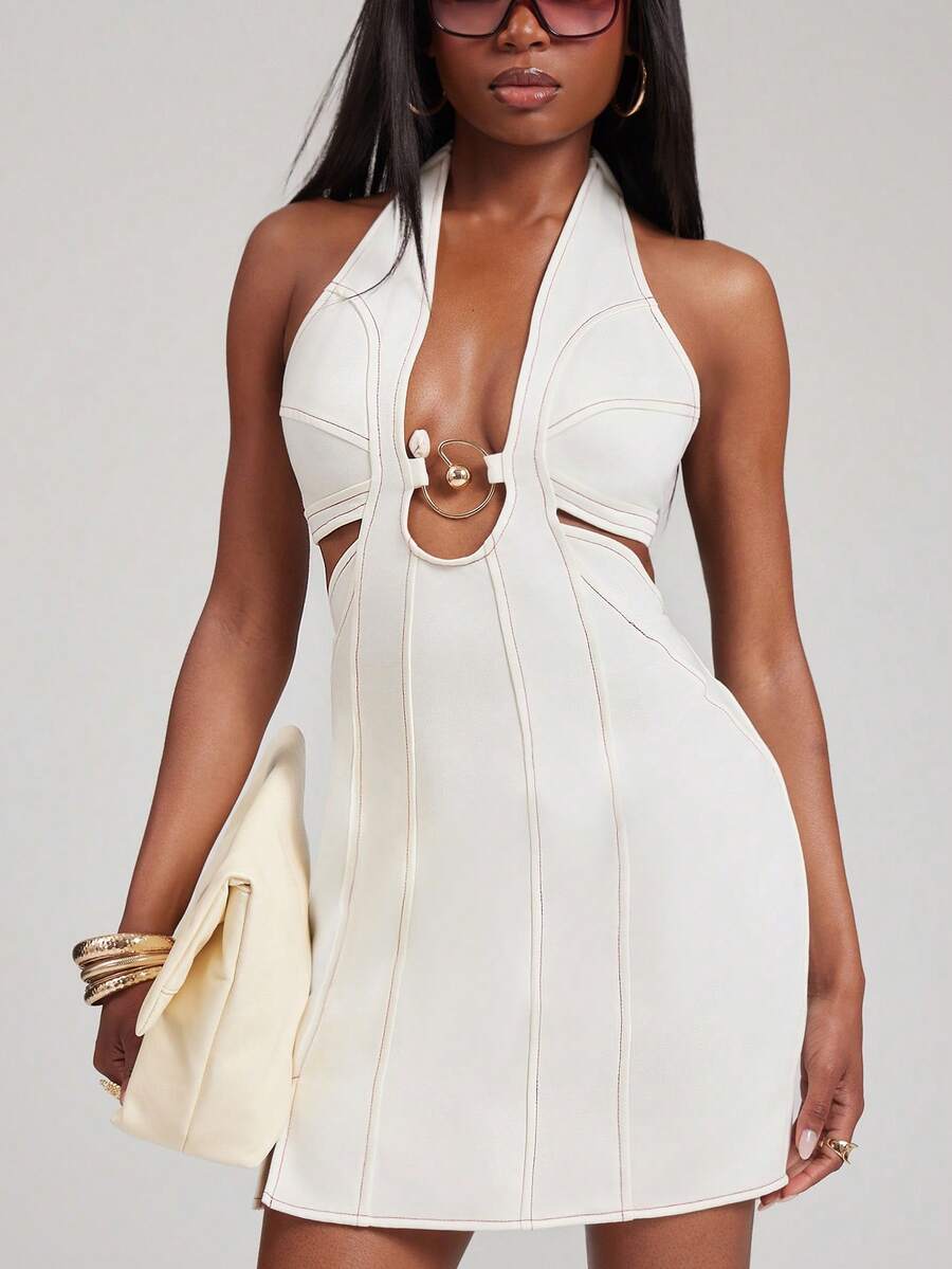 NYA SZN Denim Dress Hardware V Neck Stone Seaming Contrast Stitch Mini Length Sexy Country Western Date Night Brunch Event Outfits For Women - White - View 1