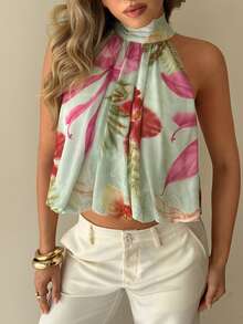 Aloruh Printed Mesh Halter Neck Top For Women - Multicolor - View 5