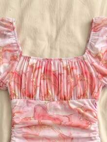 SHEIN Teen Girls Summer Casual Elegant Marble Print Dress Hot Pink Powder Marble Pattern Vacation - Multicolor - View 5