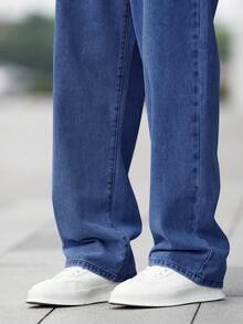 SHEIN Celana Jeans Kasual Anak Laki-Laki Model Lurus dengan Kantong Miring untuk Sehari-hari - Dark Wash - View 3