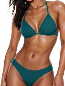 Swim Basics Bộ đồ bơi bikini nữ mùa hè đi biển màu trơn, áo cổ yếm buộc dây gợi cảm và quần tam giác - Màu xanh lá cây đậm - Xem 1