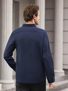 Officeau Men's Solid Collar Long Sleeve Polyester Shirt, Button Front, Spring/Fall, Button Down Shirt, Comfortable, Casual, Layering, Daily Wear, Gift For Father/ Husband - Navy Blue - View 3