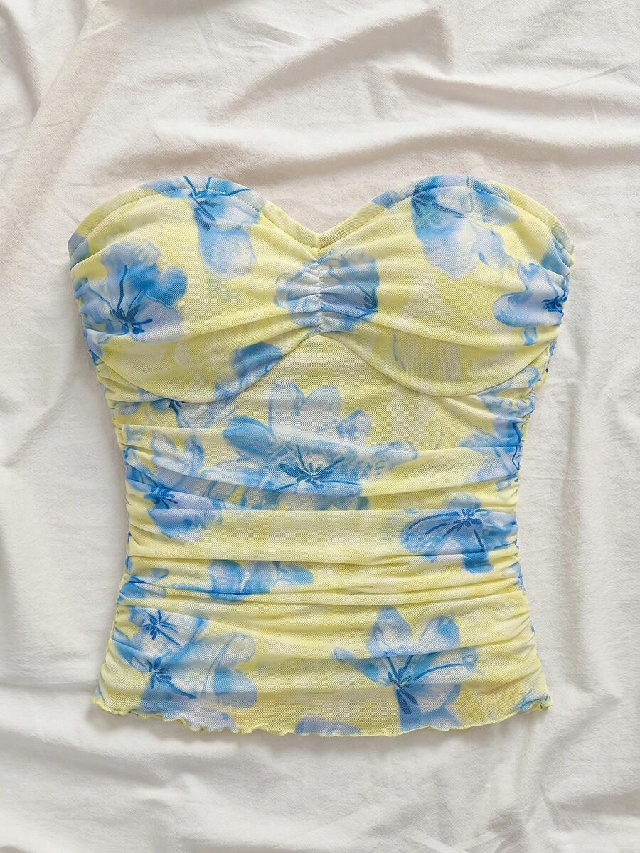 SHEIN VCAY 女款貼身印花針織網眼抹胸上衣,適合春夏度假 - 黃色 - 查看 1