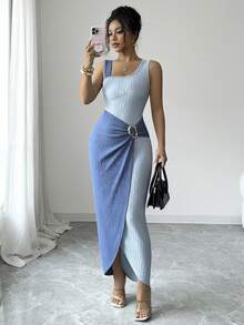 Elenzga Women's Sleeveless Splice Color Block Button Front Fitted Midi Dress - Blue - View 5