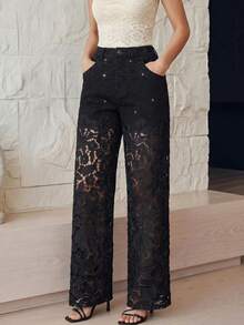 Anewsta Fashionable Lace Patchwork Hollow Out Long Pants - Black - View 7