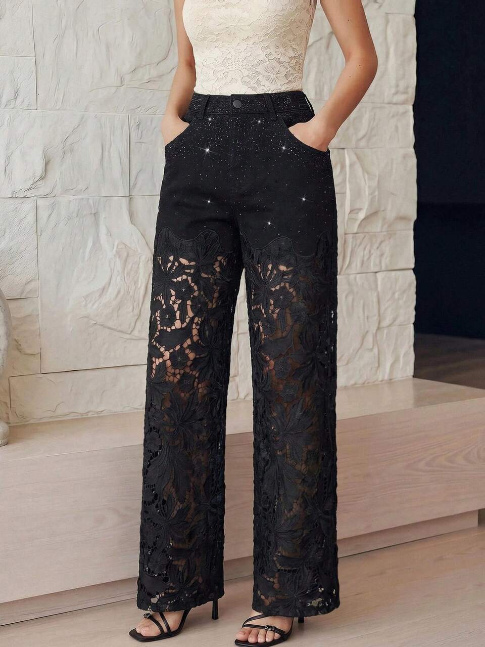 Anewsta Fashionable Lace Patchwork Hollow Out Long Pants