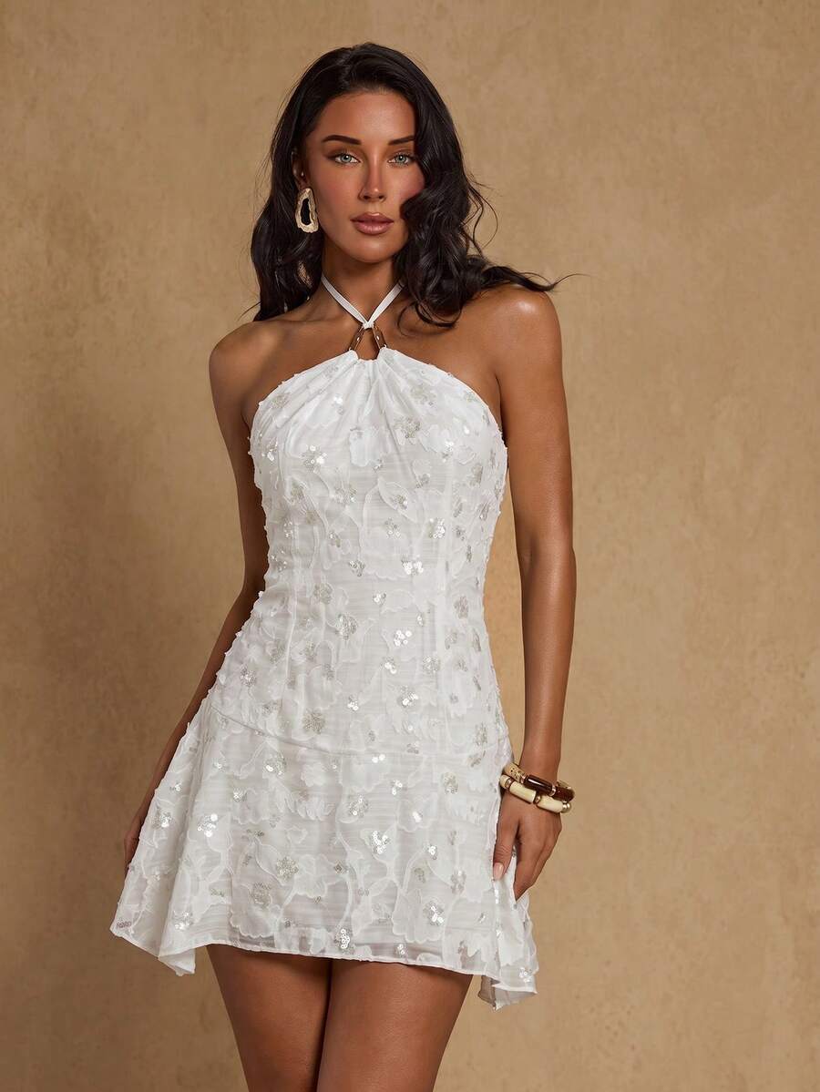SHEIN Glamour 女款綠色紋理刺繡面料掛脖不對稱裙襬洋裝,綠色洋裝,性感度假約會情人節派對短洋裝 - 白色 - 查看 1