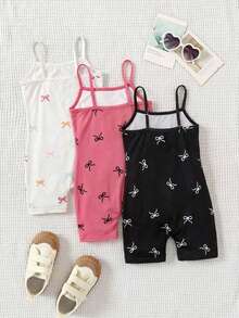 SHEIN Bộ 3 món: Áo liền quần hai dây dệt kim màu trơn cho bé gái + Áo liền quần dệt kim họa tiết hoa nhiều màu sắc kiểu dáng thường ngày - Nhiều màu - Xem 2