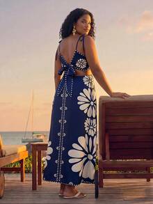 CAJUNI 女款熱帶橘色印花無袖綁腰洋裝，寬鬆休閒海灘夏季大尺碼 - 藍色 - 查看 2