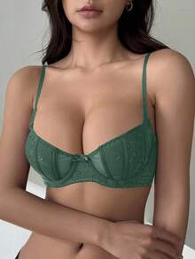 DAZY Mesh Contrast Lace Lightweight Adjustable Strap Padded Sexy Bra For Women - Green - View 4