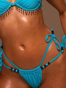 Musera Resort Double Strap Tie Side Beaded Bikini Bottoms Only Summer Swim Beach Vacation Everyday Sexy Cute Boho Travel Sunspell - Blue - View 5