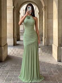 Firerie Elegant Powder Blue Floral Ruched Bust Mesh Overlay Fishtail Maxi Bridesmaid Dress Green Wedding - Mint Green - View 5