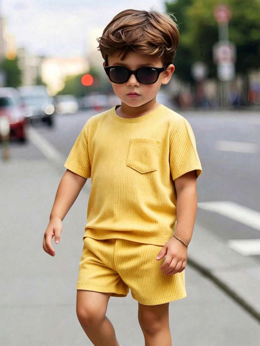 SHEIN Setelan Kaos Lengan Pendek Kerah Bulat Bergaris dengan Kantong dan Celana Pendek Kasual untuk Anak Laki-Laki - Kuning - View 1