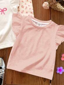 3件組女嬰夏季可愛開學穿搭上衣，棕色花卉、卡其色奶油白棕色條紋，短袖圓領休閒女嬰上衣 - 彩色 - 查看 11