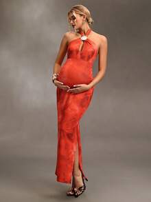 Cheriluna Maternity 橙色露背长裙，扎染设计，性感深V领，飘逸面料，搭配贝壳包，适合海滩婚礼、盛大晚宴和夏季派对。 - 橘色 - 查看 5