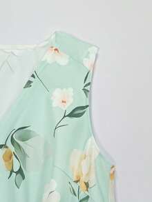 SHEIN 花卉印花裝飾、海灘度假風、適合日常穿著、浪漫優雅深V領女款花卉洋裝（含腰帶） - 綠色 - 查看 4