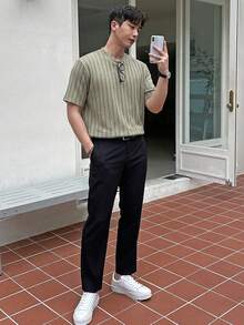 DAZY 綠色紋理布料男士短袖T恤 夏季款 - 綠色 - 查看 4