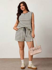 Enliva Plus Size Women's Striped Casual 2 Pieces Set, Suitable For Everyday Casual Wear - Multicolor - View 7