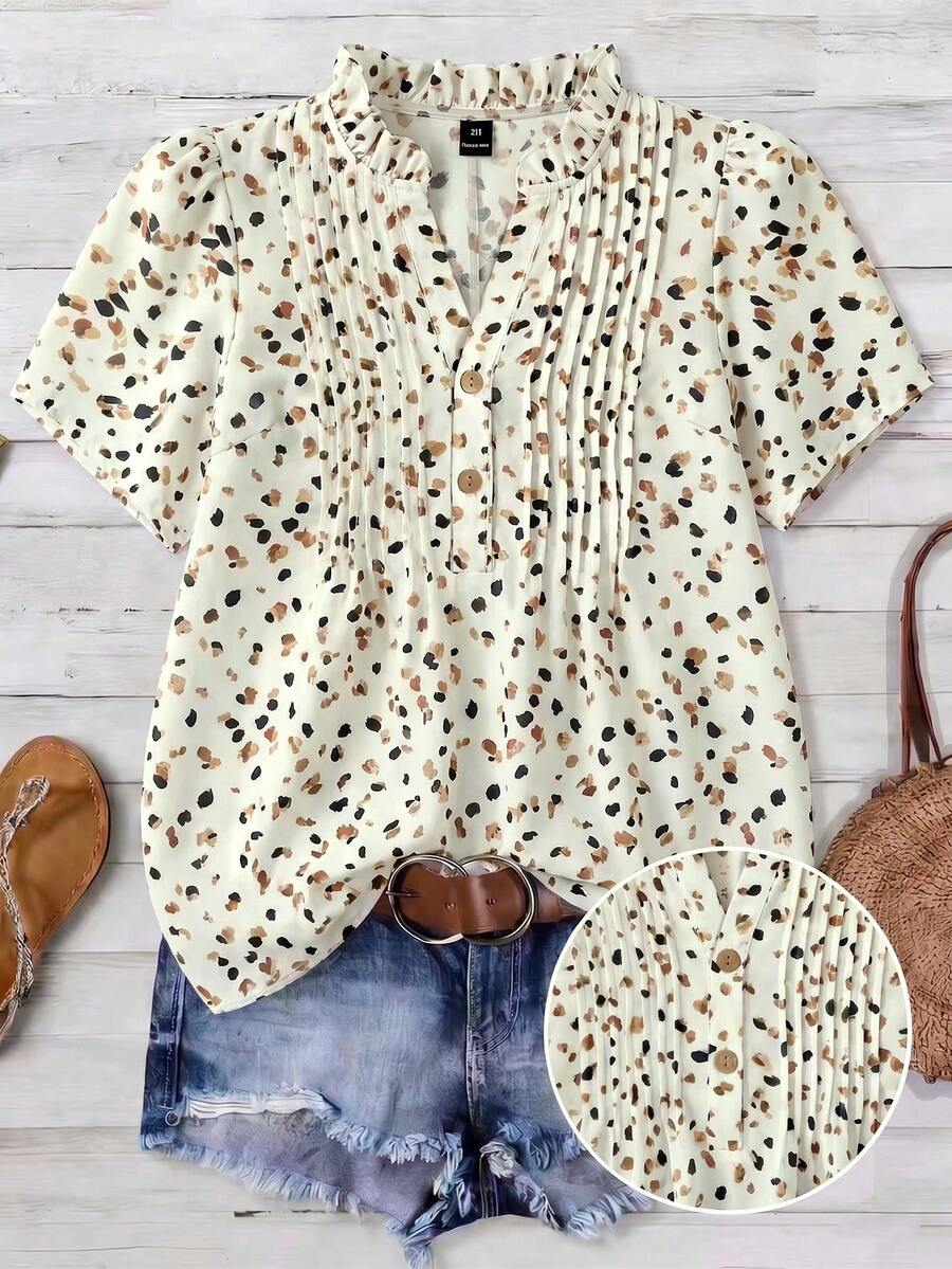 Franclia Plus Size Heart Print Fabric Ruffle Collar V-Neck Front Opening Puff Sleeve Short Sleeve Women Blouse, Suitable For Valentine's Day - Apricot - View 1