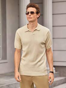Officeau Sweater Rajut Lengan Pendek Kerah Polo Retro Pria, Sweater Lengan Pendek Kerah Pesawat Bergaris Vertikal Aprikot Baru, Pakaian Musim Panas - Aprikot - View 4