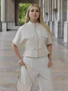 Elenary Edit Fashionable Short Utility Shirt, With Two Symmetrical Chest Pockets, Cinched Waist Design, Overall Neat And Practical Summer - Beige - View 1