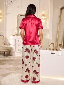 LuxeNights Faux Silk Solid Color Collared Short Sleeve Top And Floral Print Pants Pajama Set - Multicolor - View 2