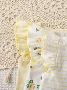 SHEIN Playful Pals 6件/組女嬰荷葉領多色組合上衣配彈性腰短褲套裝，舒適休閒可愛春/夏/秋季穿搭 - 彩色 - 查看 3