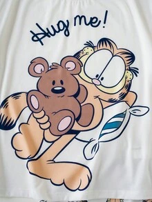GARFIELD | SHEIN طقم بيجامة نسائية مكون من ملابس علوية كم قصير مطبوعة برسوم كرتونية وشورت - أبيض - مشاهدة 5