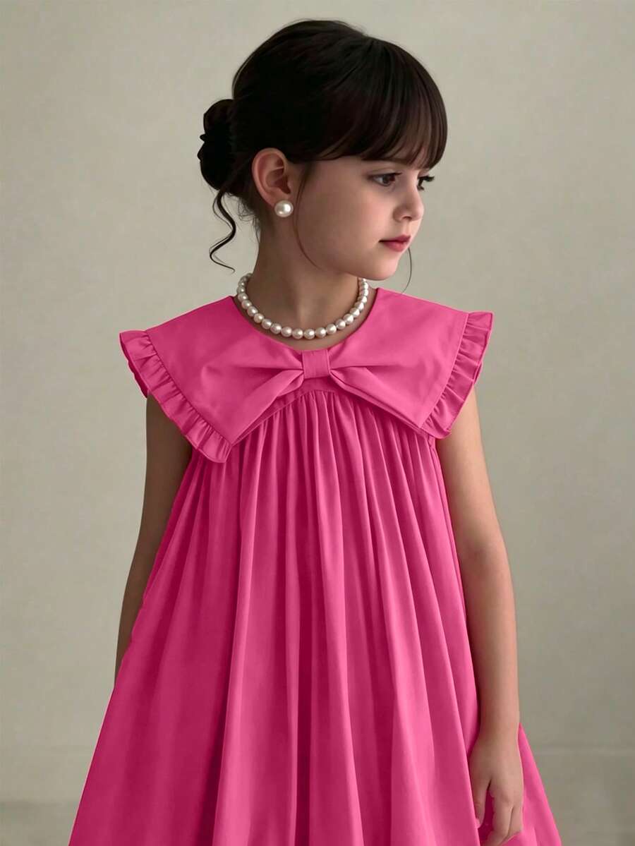 SHEIN Young Girls/Young Girl Solid Color Ruffled Collar Sleeveless Waist Dress - Hot Pink - View 1