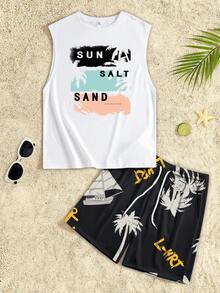 VIVINTIMO Men's Letter Print Crew Neck Top And Shorts Casual Daily Set, Holiday - Multicolor - View 5