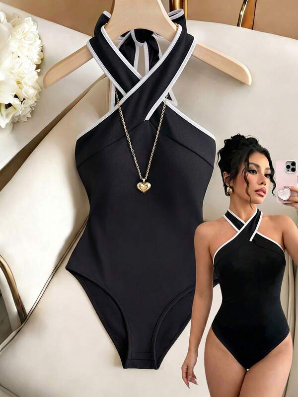 SHEIN Franclia Classic Black And White Contrast Halter Neck Top Bodysuit Soft Comfortable Fabric Suitable For Vacation Beach Night Out Daily Wear Outings Summer Sexy