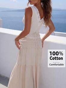 Aloruh Elegant Cream White Color Lace Trim Sleeveless Blouse For Summer Holiday Vacation - Apricot - View 4
