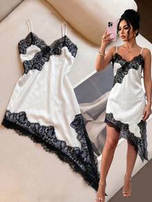 SHEIN Franclia Elegant Sexy Lace Patchwork Asymmetric Summer Dress, Vacation Loungewear, White And Black, Wedding Date Night Guest Dress - White - View 5