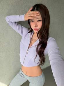 K-Vae Women's Solid Color Front Zipper Cropped Sweatshirt Lavender Light Grey Autumn Street Wear Y2k Night Out Day Time Student Everyday Back-To-School - Mauve Purple - View 5