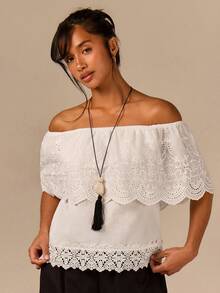 Athîral Women's Vacation Casual Tropical Sexy Elegant Boho White Off-Shoulder Hollow Embroidery Shirt For Summer Holiday Outfits Golf Beach - White - View 5