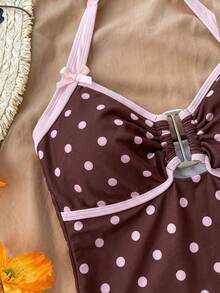 SHEIN Áo tankini cổ yếm sọc đen trắng vân nổi cho thiếu nữ, phù hợp bơi lội, đi nghỉ mát, mặc đi biển, bộ đồ bơi trẻ em, kỳ nghỉ hè - Nhiều màu - Xem 4