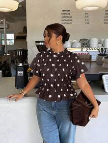 Firerie Blus Kasual Lipit Lengan Pendek Motif Polkadot Ukuran Besar untuk Wanita - MultiWarna - View 7